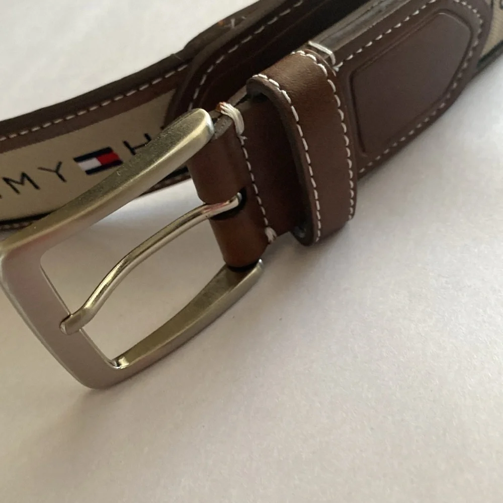 TOMMY HILFIGER Men's Brown Leather Belt Ribbon Logo Contrast Stitching Casual L